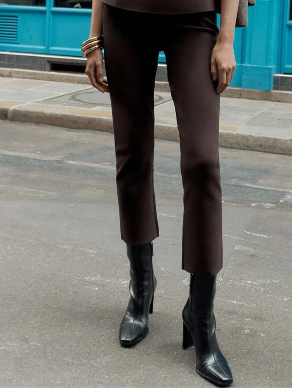 Zara NWT thick stretchy elastic waist  Brown Cropped Straight flare hem pants